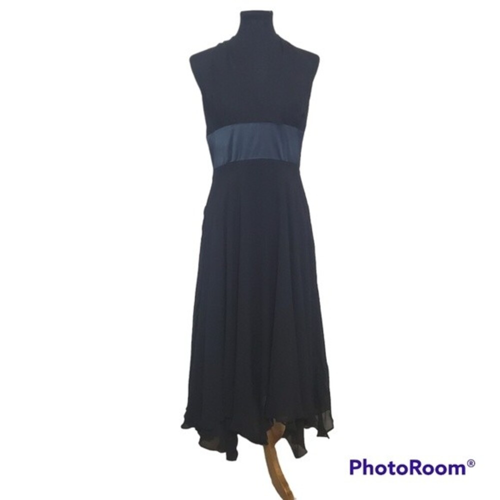 Donna Ricco Black Chiffon Halter Top Dress Deep V Neck Scalloped Hemline Vintage